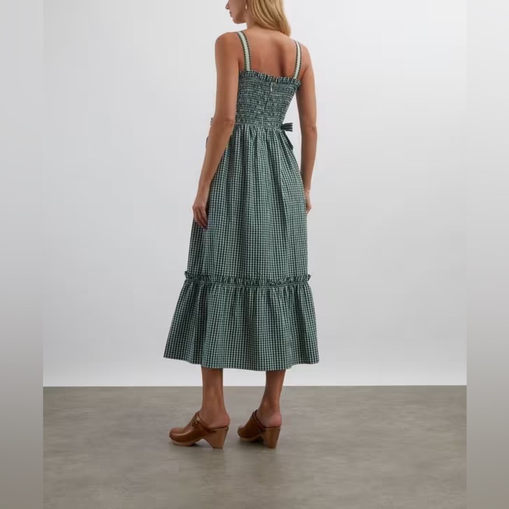 Hunter Bell Larissa Green White Gingham Midi Dress Smocked embroidered tie - Picture 3 of 8